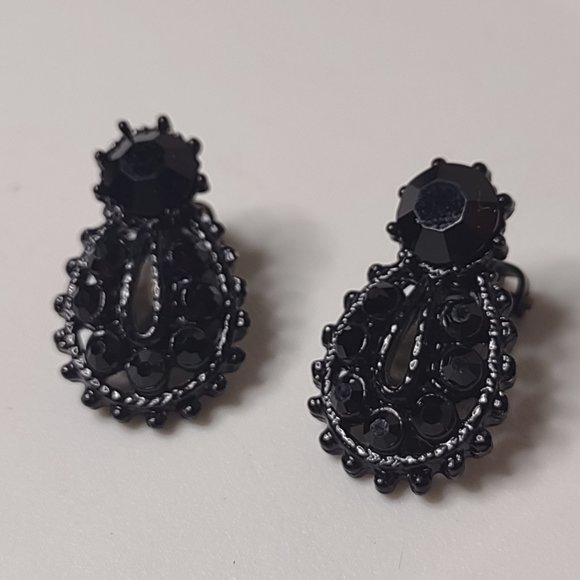 Black Glass And Metal Clip On Earrings - Picture 1 of 13